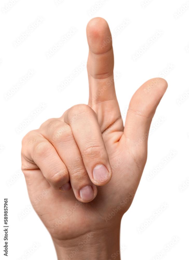 Male hand pointing isolated on white