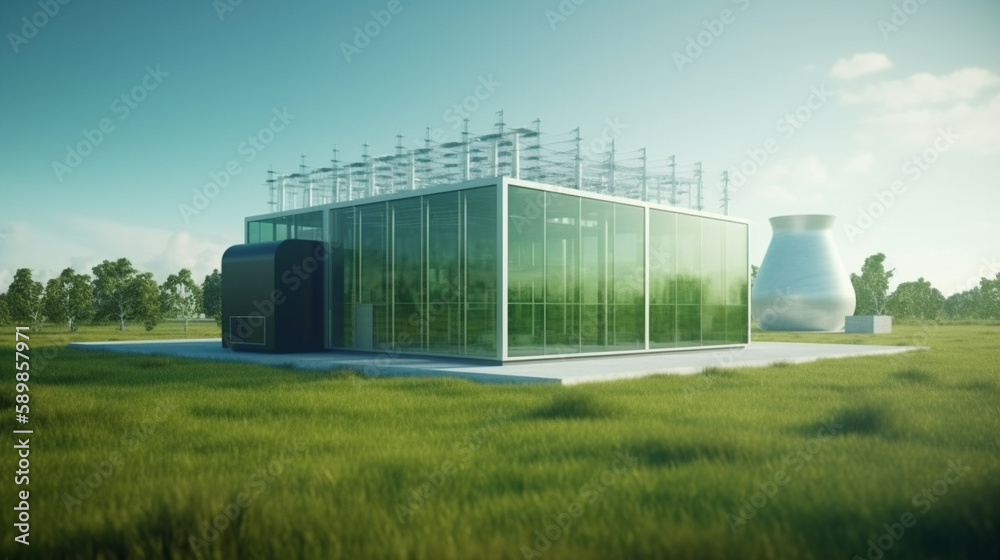 New energy sources, hydrogen power station with green grass field.Generative Ai.