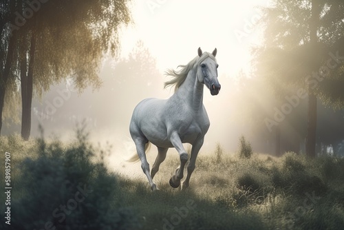 Majestic white horse galloping in a foggy meadow at sunrise. Generative AI.