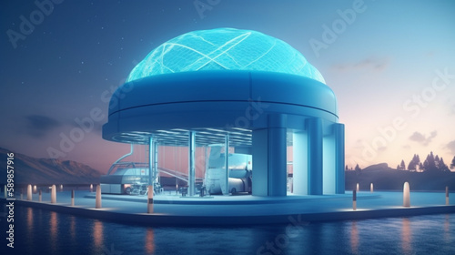 Hydrogen production from renewable energy sources, Hydrogen fuel station at sunset. AI Generative.