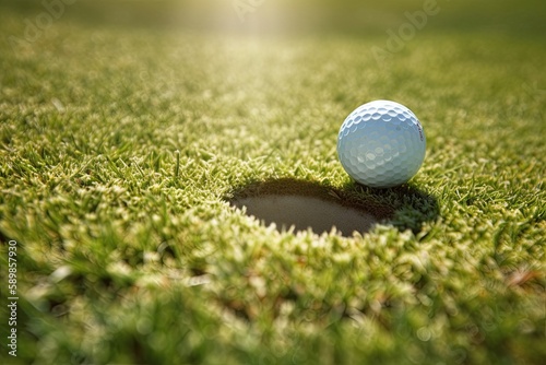 Golf ball on grass near hole. Generative AI.