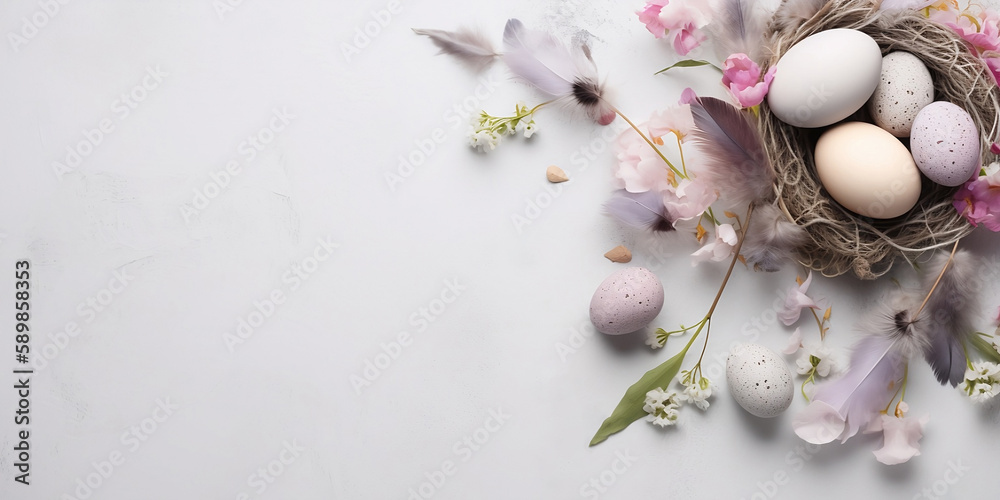 Easter background with spring flowers and eggs on light marble table. Top view, flat lay style, copy space. Paschal frame, card, decorations, holiday composition, pastel colors. Image is AI generated