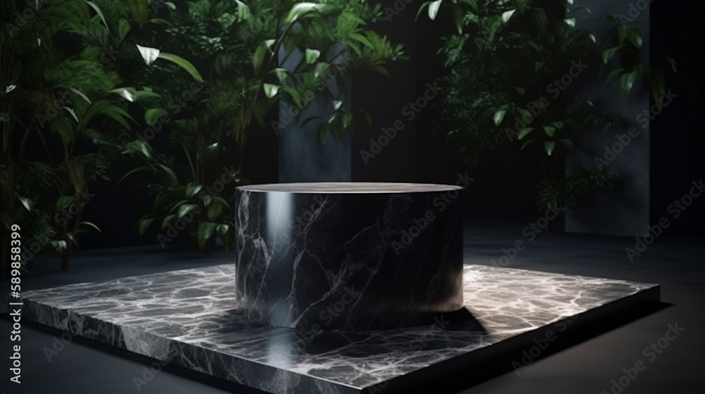 Luxury marble, blocks, cylindrical plinths, concept scenes, stage performances, products, creams, perfumes, with space for text. Modern surreal elements. Generative Ai.