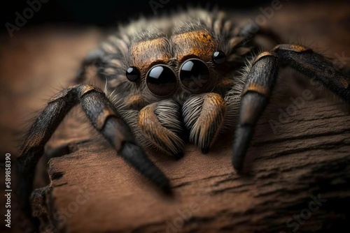 Close-up of hairy, eight-eyed tarantula scuttling on wood, Generative Ai