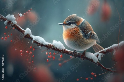 Springtime Arrival  Bird Perched on Branch as Winter Fades Away  Generative Ai