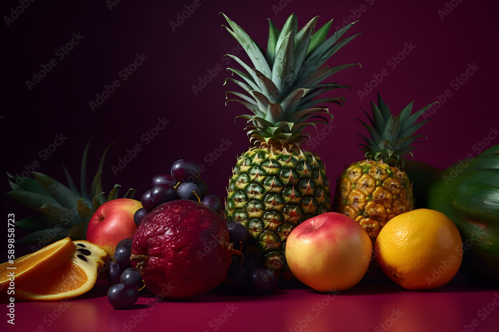 Fruits still life, Pineapple Mango, Banana, Generative AI, generative, AI Fruits still life, Pineapple Mango, Banana, Generative AI, generative, AI