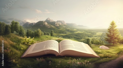 Open book with magical green tree and nature background. Generative AI.