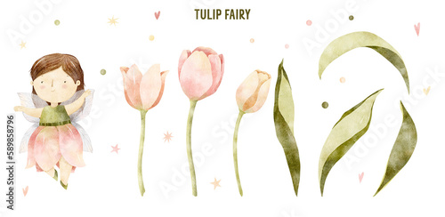 Tulip flower watercolor illustration. Cute fairy clip art. Nursery kid illustration. Floral greenery botanical graphic set. Nature leaf girl collection. Spring summer illustration for kids