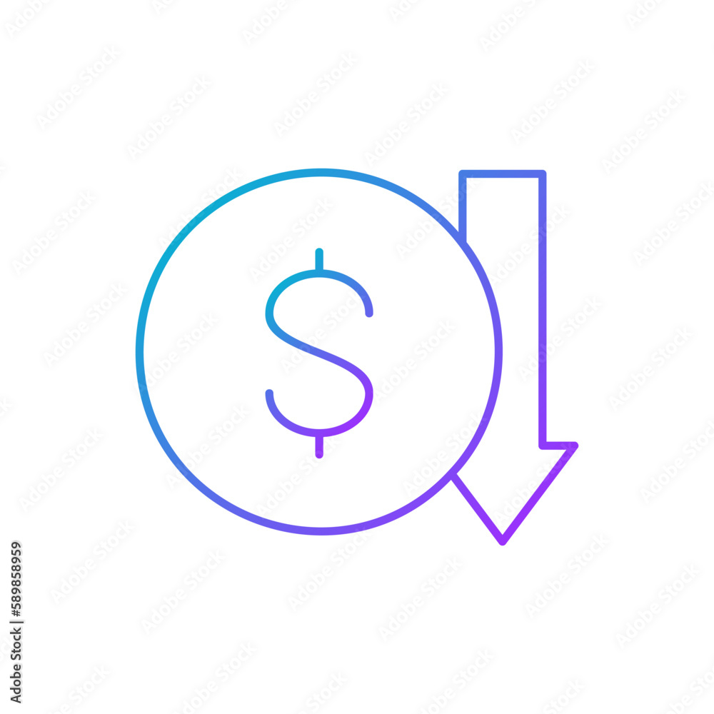 Coin with down arrow, money interest rate reduction gradient lineal icon. Finance, payment, invest finance symbol design. Coin with down arrow, money interest rate reduction gradient lineal icon. Finance, payment, invest finance symbol design.