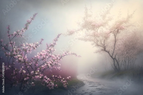 A branch of cherry blossoms with a pink background Generative AI 