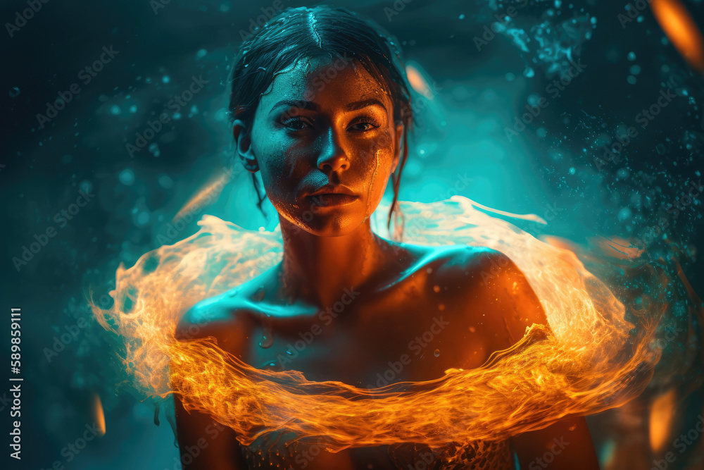Spiritual esoteric new age tribal girl purified in a ritual by water anf  ring of fire with copy space, generative ai Stock Illustration | Adobe Stock
