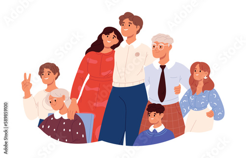 Big family portrait. happy father, mother, grandmother, grandfather and kids. Flat vector isolated illustration