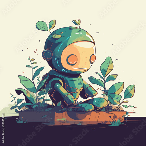 Cute cartoon robot tending the garden. Vector illustration of technology helping the environment. Earth day.