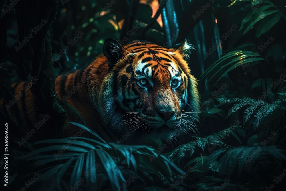 Sumatran Tiger prowling towards the camera, generative ai Sumatran Tiger prowling towards the camera, generative ai