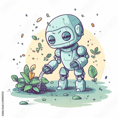 Cute robot watering plants.Vector illustration of technology helping the environment. Earth day.