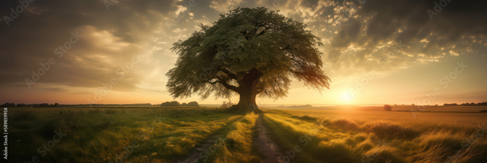Nature's Farewell: The Sun Setting Behind a Tree in a Green Field, Generative AI