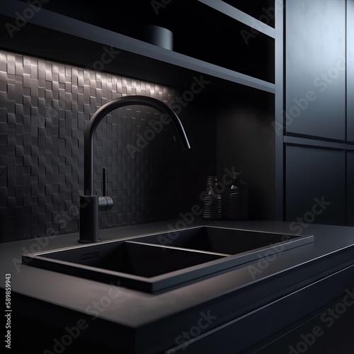 Modern black sink in black wall background dynamic lighting, hyper - detailed, hyper - realistic " ai generator "