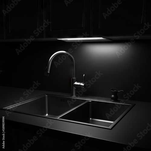 Modern black sink in black wall background dynamic lighting, hyper - detailed, hyper - realistic " ai generator "