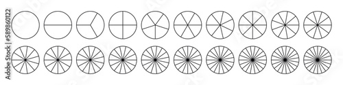 Fractions pie divided for math. Circle pie with pieces. Segment slice set. Simple geometry. Vector isolated illustration