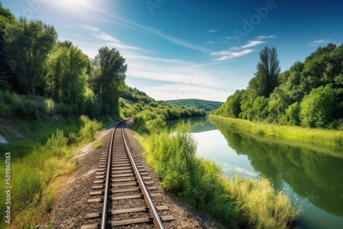 Forest trees and river along a railroad on an summer afternoon. Train tracks travel concept. Generative AI.