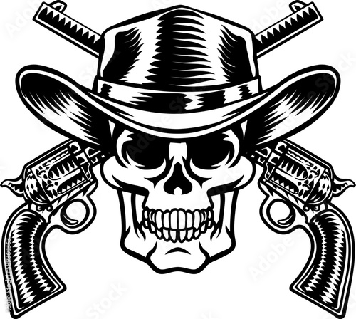 A cowboy grim reaper skull wearing a country or western style hat with pirate cross bones of guns or pistols old vintage revolvers