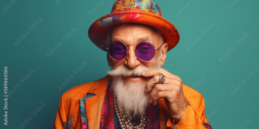 portrait of an cool old men with beard and hat, crazy lifestyle concept, fictional person created with generative ai