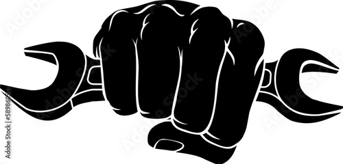 A hand in a fist holding a spanner or wrench illustration.
