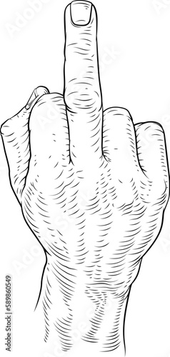 A Hand Giving the Finger Bird Gesture Woodcut in a vintage retro woodcut style