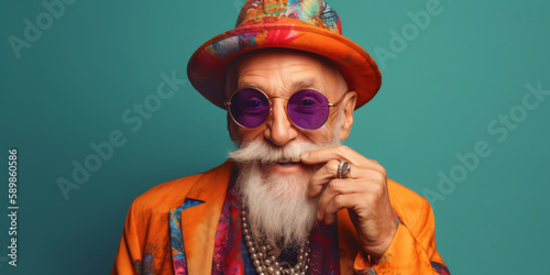 Photo portrait of an cool old men with beard and hat, crazy lifestyle concept, fiction