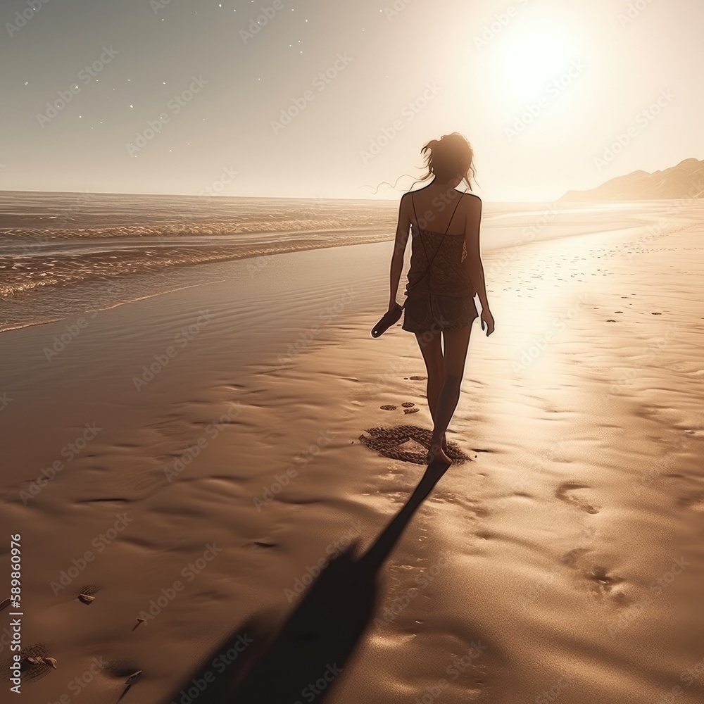 person walking on the beach at sunset