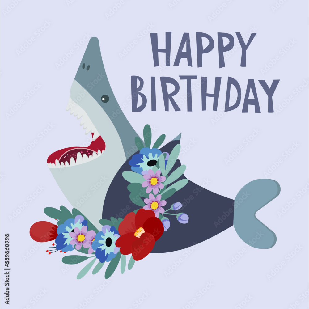 Fototapeta premium Happy Birthday card with a Shark wearing Flowers Bunch