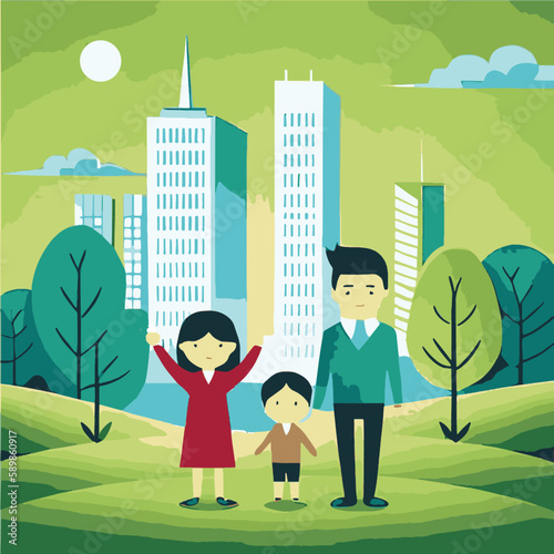 Family on the background of the city. Eco city. Eco concept. Vector illustration.