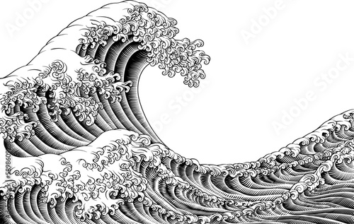 Fotomurale A Japanese great wave design in a vintage retro engraved etching woodcut style