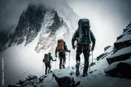 brave mens climbing an epic ivernal mountain, snow rain, tunders, adverse weather,  generative Ai photo