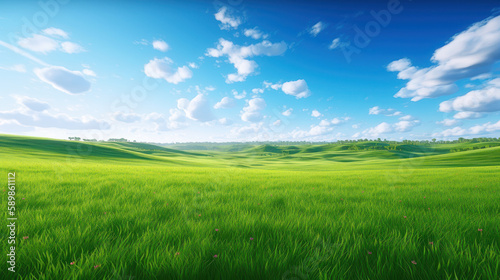 Green grass field on small hills and blue sky with clouds. Summer spring landscape background. Generative AI.