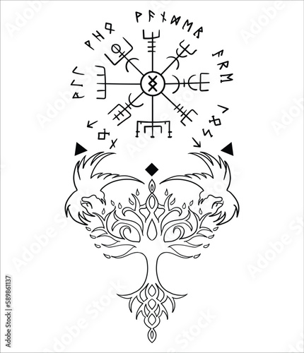 Yggdrasil, the tree of life. Vikings symbol Odin,with futhark runes , YGGDRASIL PAGAN SYMBOLS AND NORSE RUNES	
