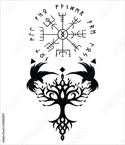 Yggdrasil, the tree of life. Vikings symbol Odin,with futhark runes , YGGDRASIL PAGAN SYMBOLS AND NORSE RUNES	
