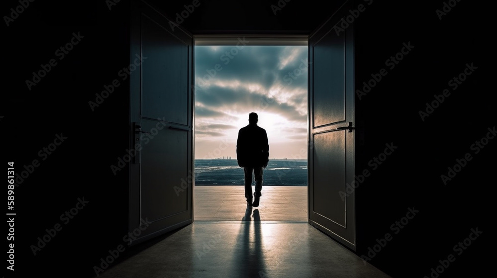 Man walking in the middle of an opened door. Generated AI