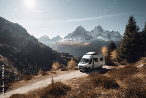 modern van motorhome, in the mountains, on a sunny day. ai generative