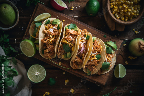 Soft tacos with chicken, corn, avocado and lime on a wooden board, top view. AI generative
