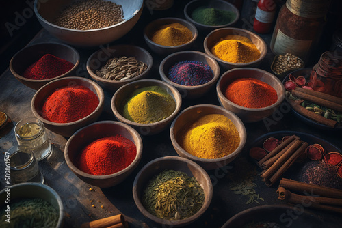 Assorted spices, invigorating, aromatic, bright, spice shop. ai generative © Oleksandr
