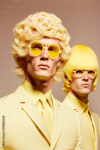 Twin Tall Models in Pastel Yellow High Fashion Suits, Wigs & Round Sunglasses Pose for Vibrant Studio Photoshoot