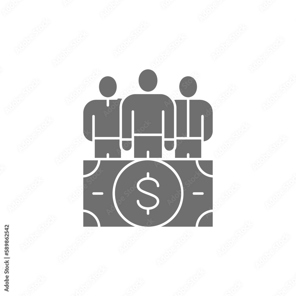 Dollar banknotes with team, business team grey fill icon. Cash payment, paper bill, dollar symbol design. Dollar banknotes with team, business team grey fill icon. Cash payment, paper bill, dollar symbol design.
