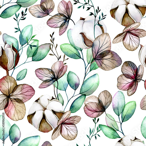 watercolor seamless pattern with cotton flowers, dry hydrangea flowers and eucalyptus leaves on a white background