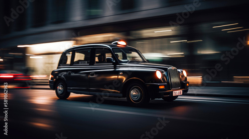 Rushing Black Cab taxi at night. Generative AI © piai