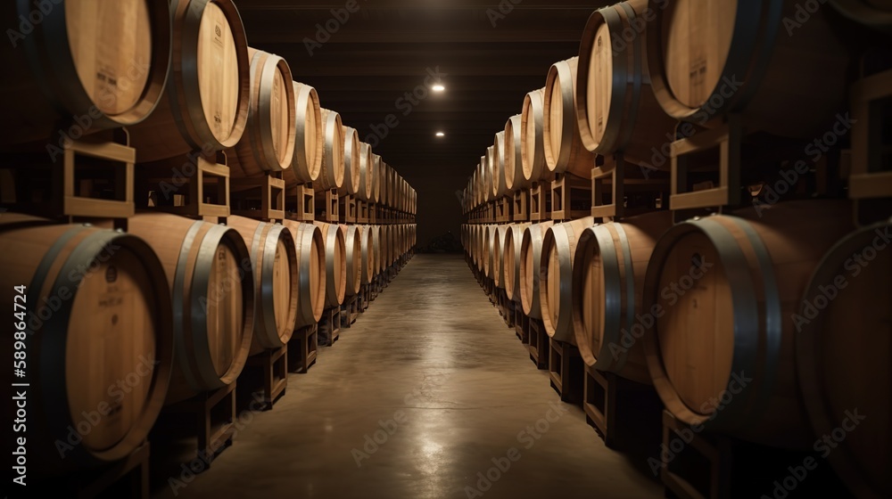 Aging Wine in a Wooden Barrel Room. Generative AI