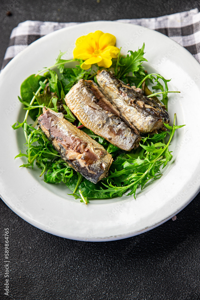 salad sardine fresh green leaves seafood snack meal food on the table copy space food background rustic top view salad sardine fresh green leaves seafood snack meal food on the table copy space food background rustic top view