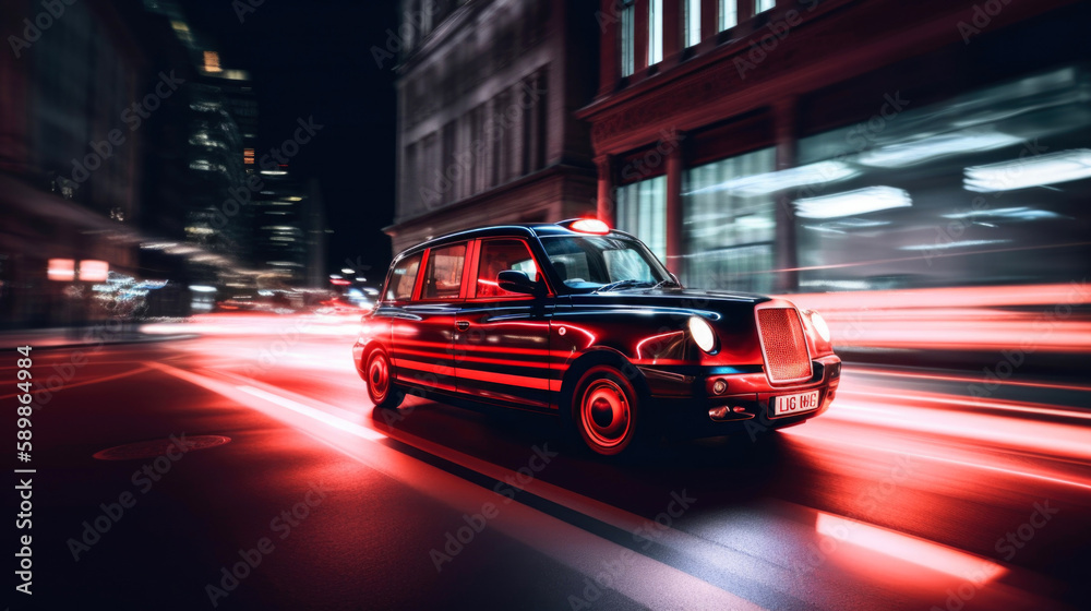 Rushing Black Cab taxi at night. Generative AI