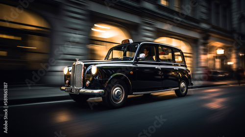 Fotografiet Rushing Black Cab taxi at night. Generative AI