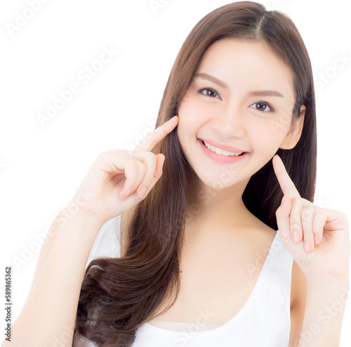 Portrait of beautiful asian woman makeup of cosmetic, girl hand touch cheek and smile attractive, face of beauty perfect with wellness with skin healthcare concept.